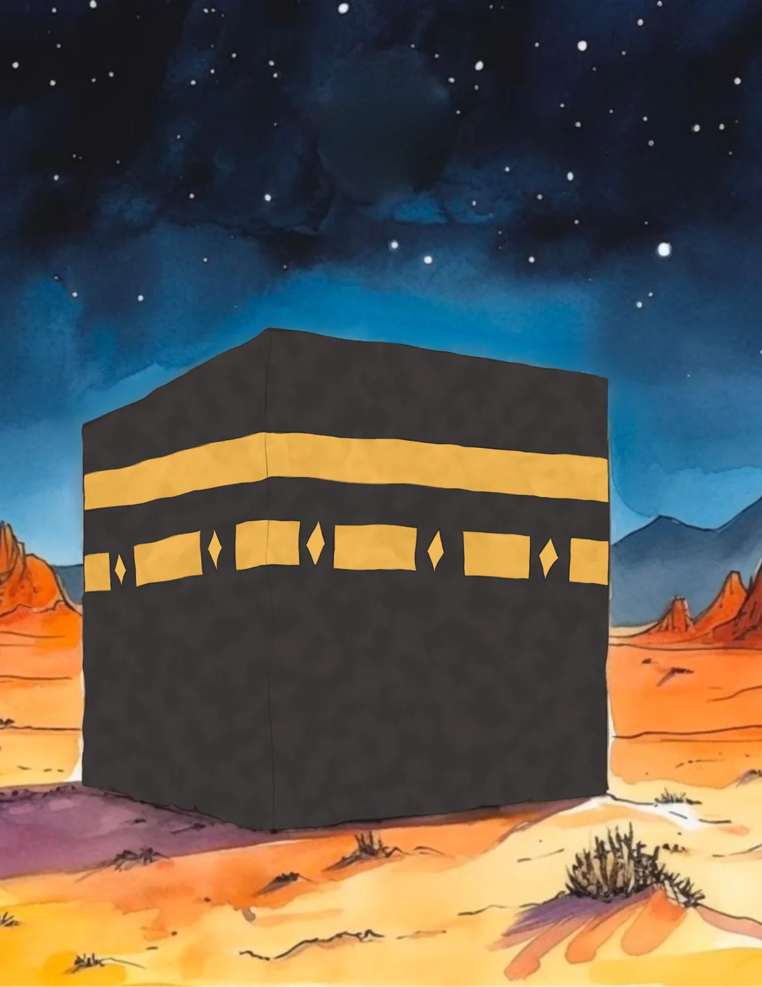 Watercolor of the Ka'bah at night, from Ibrahim's Marvellous Mission